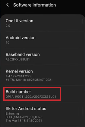 android step 6 - Select Build Number
