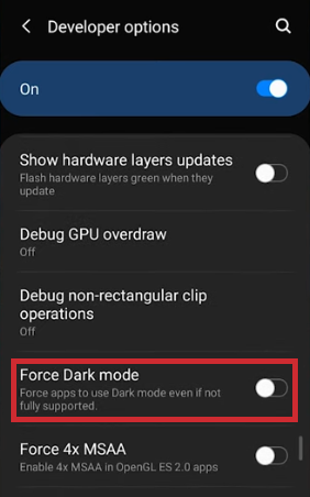 android step 8 - Enable Force Dark Mode